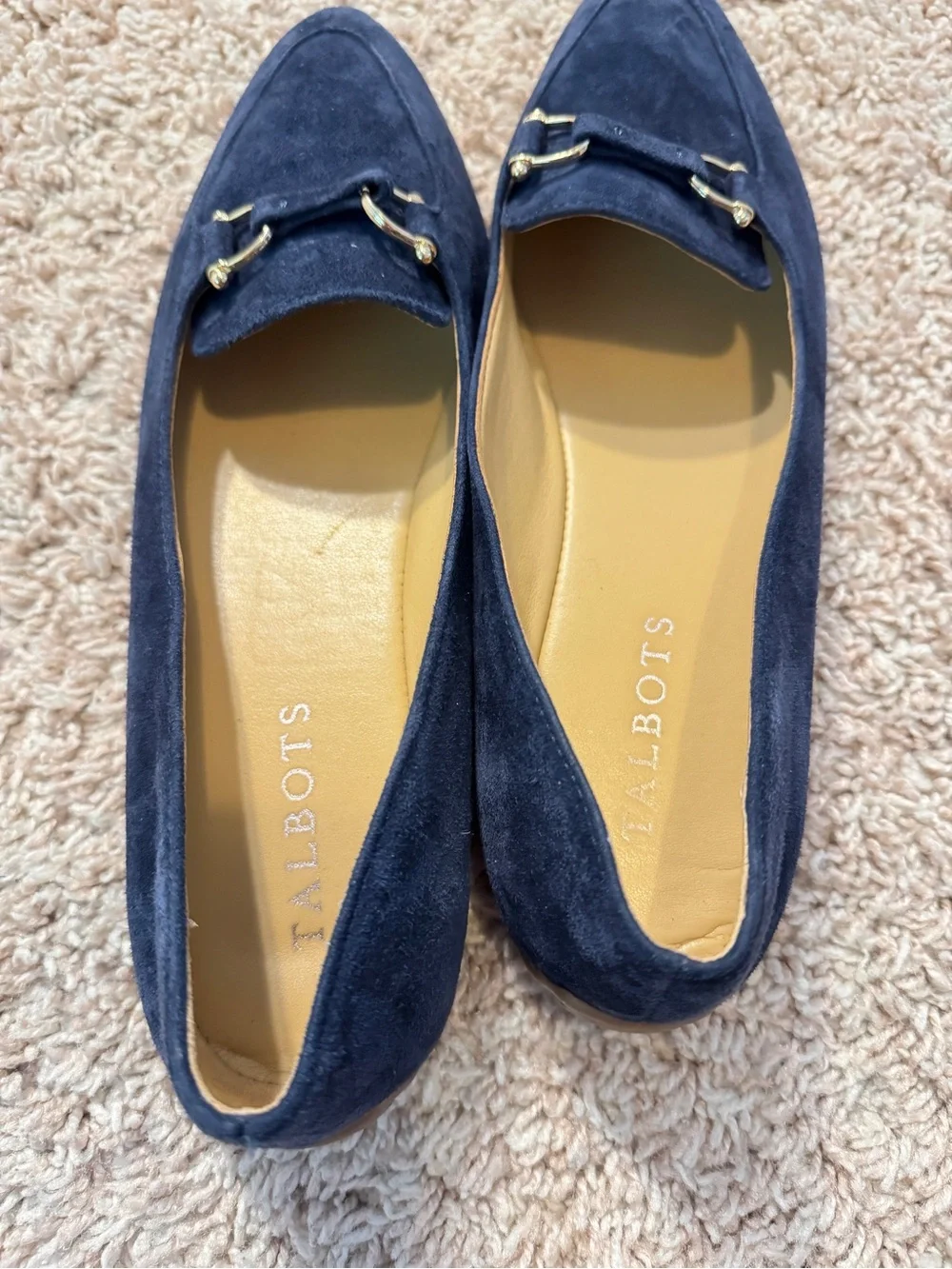 Talbots Francesca Navy Blue Suede Driving Flats Loafers Metal Link Size 7